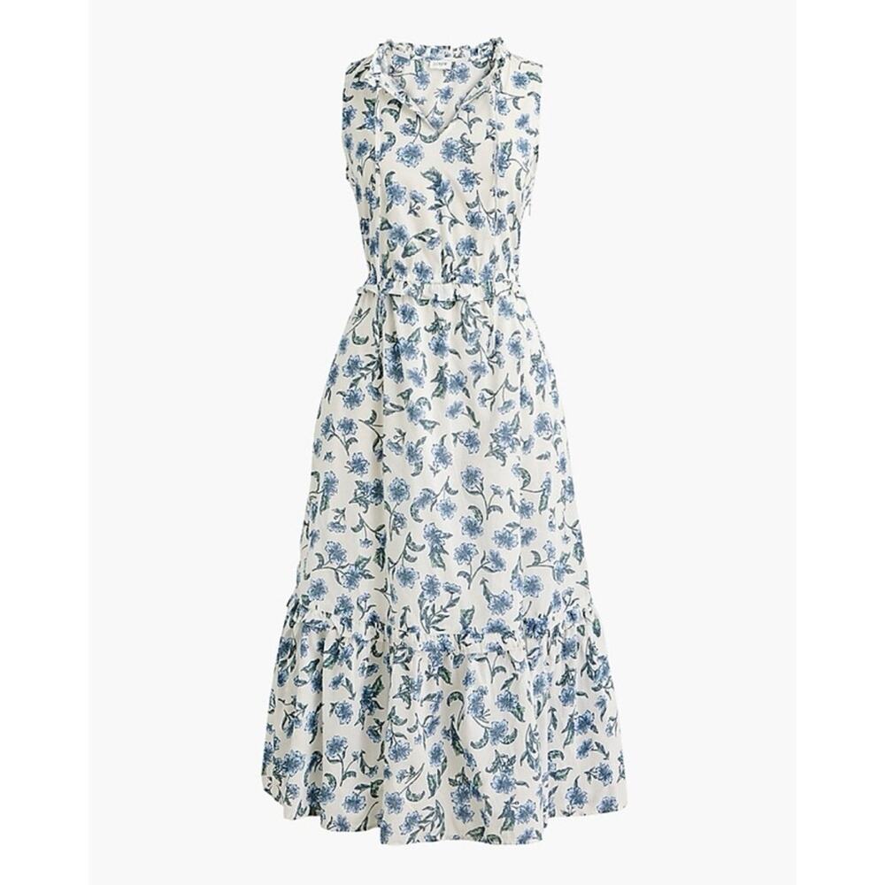 J. Crew Factory White Floral Midi Dress with Blue Print